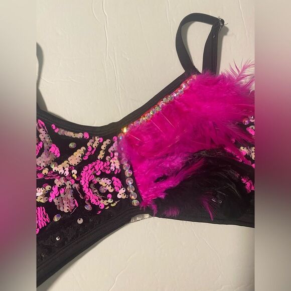Glamour solo dance costume pink black Feather embellished leotard 2 piece XLC - Picture 5 of 12